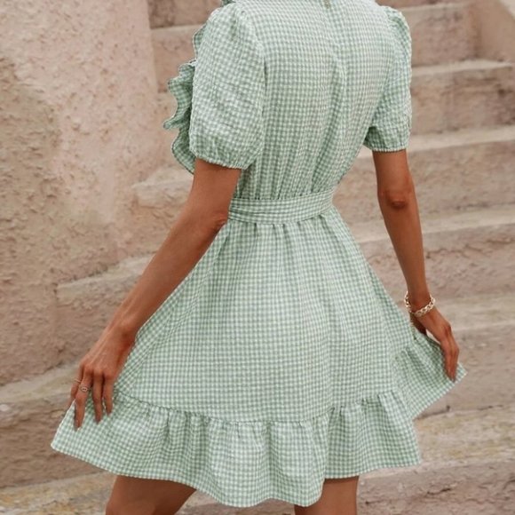 Puff Sleeve Gingham Print Belted Mini Dress Green - Picture 5 of 6